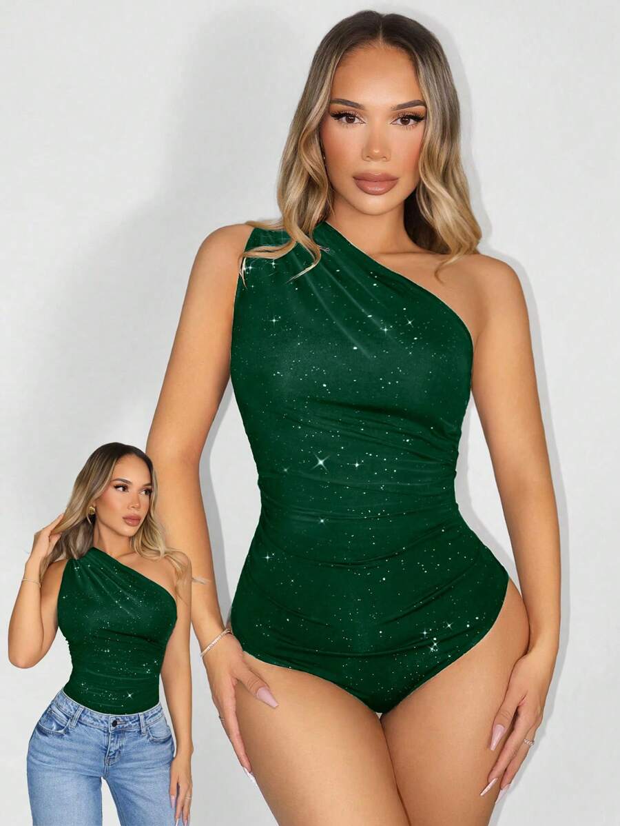 Sirith Solid Color Pleated Asymmetrical Collar Elegant Bodysuit, Sleeveless - Dark Green - View 1