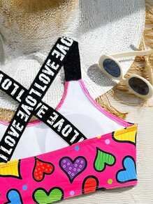 Tween Girl Heart Pattern Letter Print Swimsuit Set For Holiday Young Girls Sets Bathing Suit For Teenagers One Peice Bathing Suit For Teens Swimming Suits For Teens Girls Bathing Suit For Girls - Multicolor - View 4