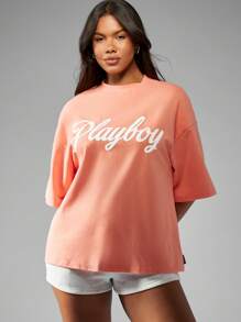 Missguided x Playboy 标志超大 T 恤街头休闲短袖棉混纺夏季春季休闲运动服嘻哈时尚都市风格 - 橘色 - 查看 6