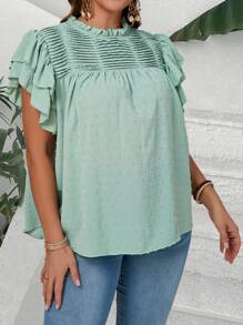 EMERY ROSE Plus Size Women's Summer Elegant Swiss Dot Ruffled Sleeve Blouse,Country Casual Vacation Woman,Simple And Fashionable For Everyday Wear,Summer Tops Women,Summer For Women,Vacation Woman Summer For Women Office Wear, Vacation Woman, Summer For Women Festival Boho,Holiday,Summer Outing,Simple & Fashionable Plus Size Women Top - Green - View 5