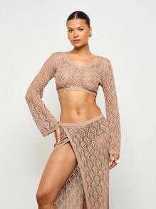 AiiRZ Knit Long Sleeve Top And Maxi Skirt With Side Split Set - Apricot - View 3