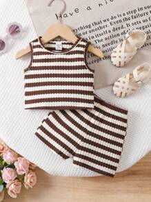SHEIN Baby Girl Cute Summer Knit Striped Top With Elastic Waist Shorts Set - Brown - View 8