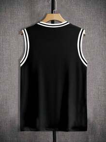 Manfinity Campus Court Herren Rundhals gestreiftes & Buchstaben bedrucktes ärmelloses Trägershirt, Herren Streetstyle Sporttank Top mit witzigem Gesicht und Buchstaben Muster in Oversized Grafikdesign, in Schwarz. Perfekt für Musikfestivals und den Alltag, auch ein tolles Geschenk für einen Freund oder Ehemann