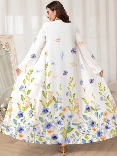 Al Najma 女式花卉印花长袖宽松阿拉伯长袍开衫，端庄长袍