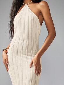 MISSGUIDED Ribbed Knit Halter Neck Maxi Evening Gown Stretchy Bodycon Form Fitting Long Dress Special Occasion Party Wedding Guest Full Length - Cream - View 6