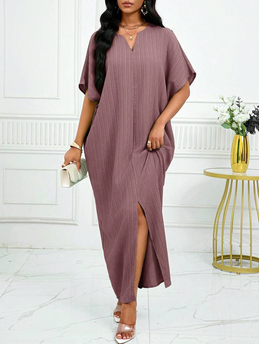 SHEIN Lady 女式纯色V领蝙蝠袖开衩下摆宽松休闲连衣裙 - 淺灰紫 - 查看 1