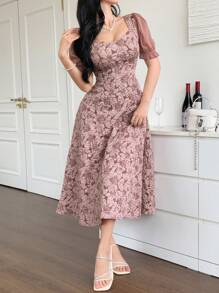 DAZY Đầm maxi nữ dáng dài ngang gối, tay phồng, họa tiết hoa, cổ vuông, chất liệu chiffon, phối nhiều mảnh vải, dành cho mùa xuân. - Hồng - Xem 6