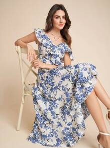 SHEIN Clasi Vestido Maxi de mujer para vacaciones con estampado floral de volantes y bajo con volantes