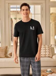 Men's Letter Print Round Neck Short Sleeve Casual Home Top  Pajamas Set For Men  Sleepwear Nightwear