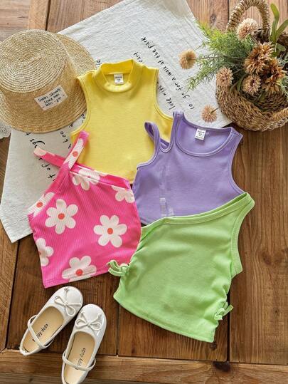 SHEIN LMoss Kids 4件套少女彩色碎花柔软针织马卡龙色休闲上衣，可爱休闲复古风，适合日常休闲穿着和上学穿着。