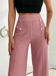 RueChic White Wide Leg Pallazzo Pant With Button Detail - Coral Pink - View 6