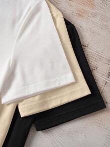 SHEIN EZwear 3 件套休闲简约脸部和手势图案圆领短袖修身女式 T 恤，略微透明，适合夏季返校 - 彩色 - 查看 2