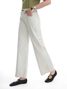 SHEIN LUNE Women's Casual Solid Color Slant Pocket Denim Flare Pants - Khaki - View 6