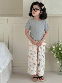 DAZY Young Girls Round Neck Knit Short Sleeve T-Shirt + All-Over Print Long Pants Home Set, Spring/Summer - Light Grey - View 5