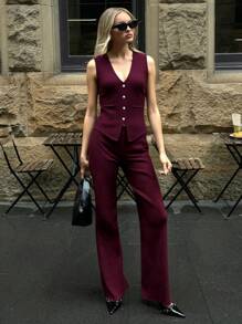 Aloruh 2pcs Ankra Red Knitted Vest And Pants Set, Spring - Burgundy - View 1