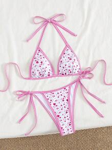 Swim Mod 女士清新花卉印花边缘撞色露背比基尼套装，带侧系带泳裤，适合夏季度假 - 彩色 - 查看 2