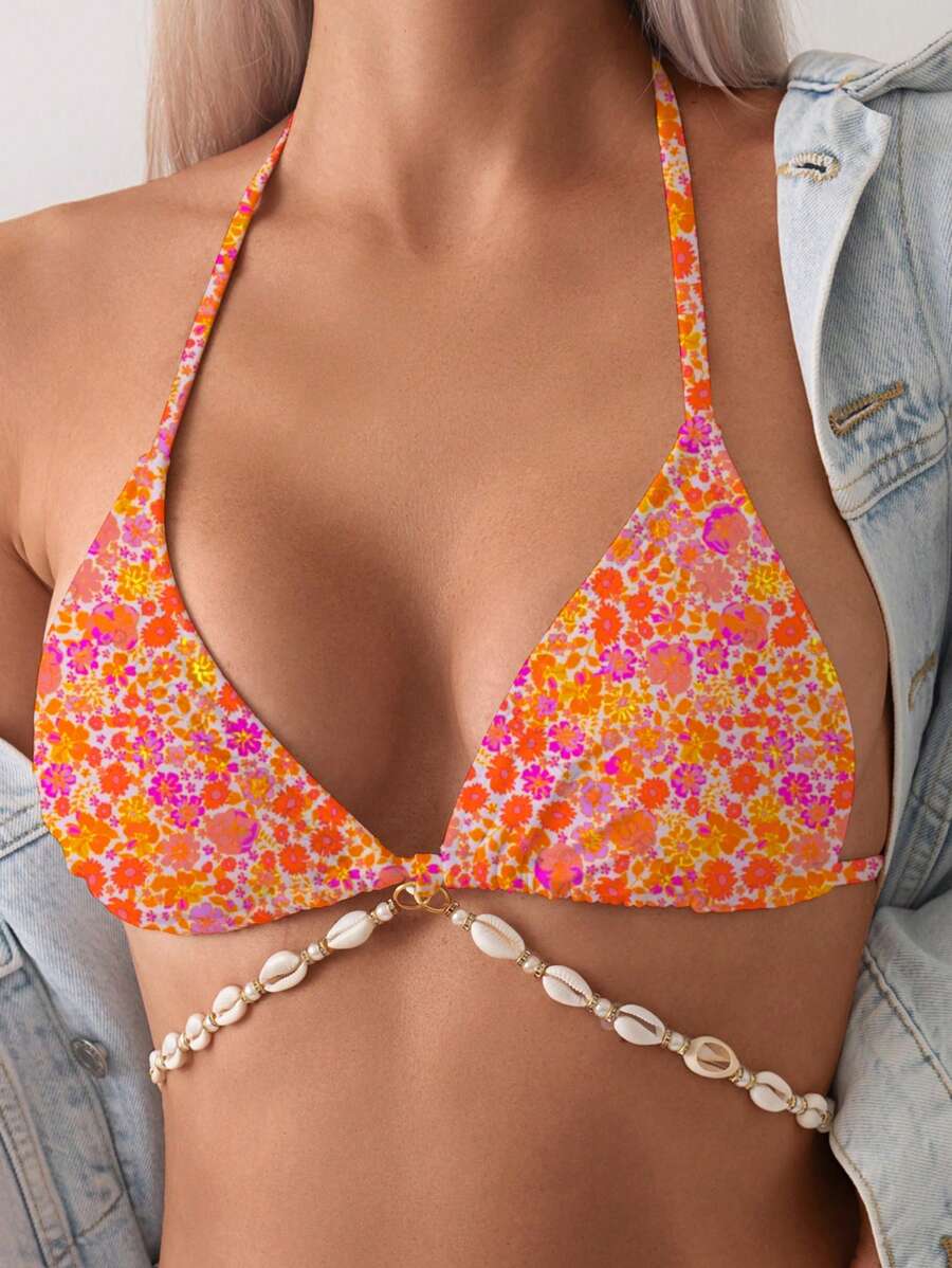 Swim Vcay Women's Summer Beach Ditsy Floral Sexy Halter Bikini Top