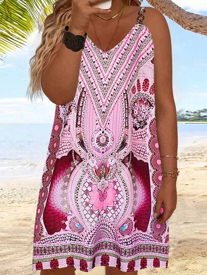 SHEIN Plus Size Summer Holiday Style All-Over Print Casual Vacation Slip Dress