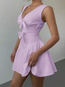 Aloruh Nuevo vestido mini acampanado con cuello en V, decoración de lazo, dulce y lindo para vacaciones, citas o Día de San Valentín romántico - Morado - Ver 7