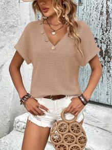 SHEIN LUNE Women's Solid Color Button Design V-Neck Batwing Short Sleeve Casual T-Shirt - Khaki - View 5