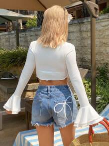 Livesso 女士系带露脐薄纱蕾丝罩衫度假 - 白色 - 查看 4