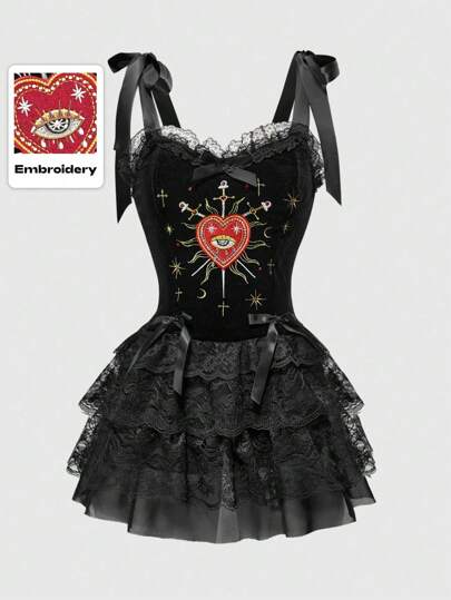 Halloween Gothic Retro Palace Style Heart Eyes Star Moon Embroidered Rhinestone Contrast Color Lace Trim Women Velvet Dress
