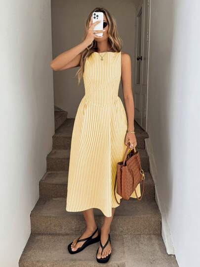 SHEIN X GALILEA SHEIN LUNE Round Neck Sleeveless Cinched Waist Ruched A-Line Midi Dress, White Cotton Fabric, Casual French Resort Elegant Streetwear For Women Business Casual Woman Holiday Holiday Vacation Summer