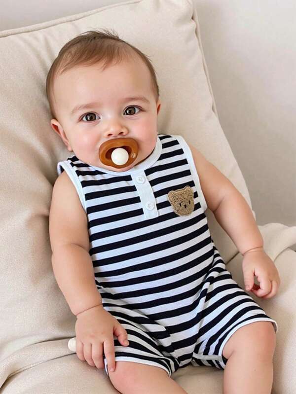 SHEIN Newborn Baby Cute Bear Pattern Matching Black Striped Sleeveless Romper Shorts, Suitable For Babies To Wear In All Occasions In Summer, All-Match Casual Versatile Cute, Refreshing