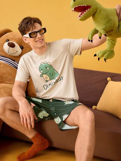 NotGurli Men's Letter Print Short Sleeve T-Shirt & Shorts Pajama Set  Dinosar