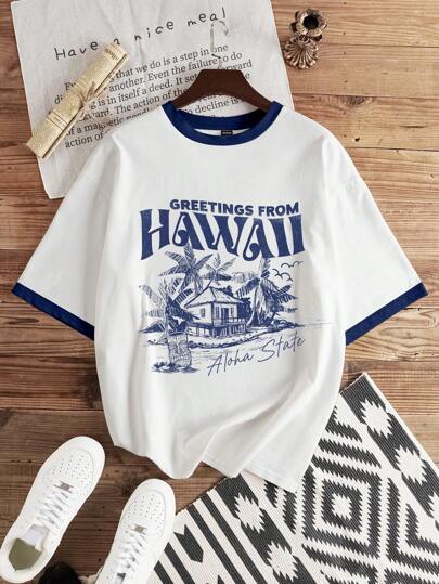 Manfinity Joysei 男士复古风景图案T恤，适合春夏穿着，夏威夷图案T恤，男士度假风