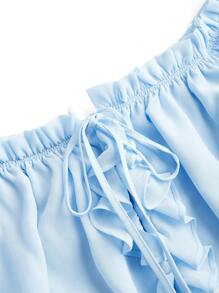 Mykaelle Rosa Damen Mini-Kleid mit tiefer Schulter, Langarm, blauem Chiffon, Rüschen-Lagen - Blau - Übersicht 10