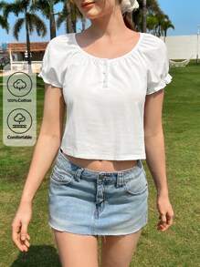 CovetEZ 女士夏季服装白色休闲日常时尚百搭短袖荷叶边圆领开衫可爱T恤，柔软舒适透气，夏季时尚 - 白色 - 查看 2