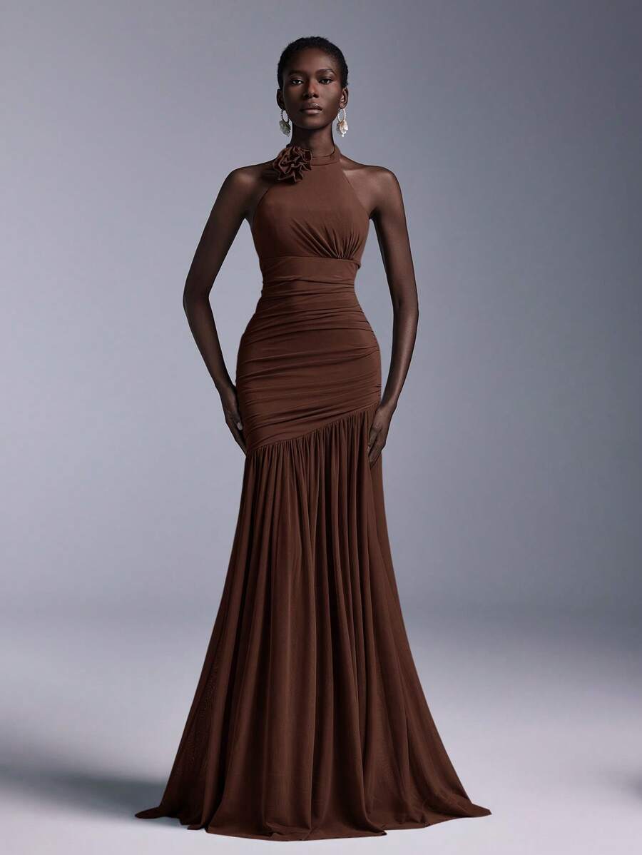 Elitara Elegant Halter-Neck Floral Ruched Tulle Mermaid Bridesmaid Dress - Brown - View 1