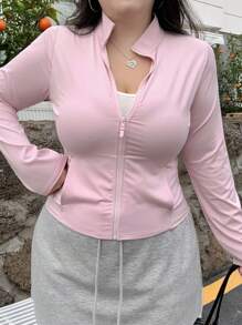Dazy Plus Plus Size Pink Knit Fitted Short Cropped Jacket, Long Sleeve, Mock Neck, Fall Clothes, Back To School Clothes - Pink - View 3