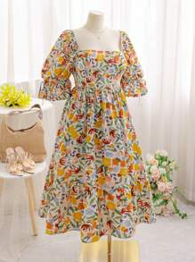 Soleia 大码女式V领泡泡袖系带蝴蝶结夏季长款连衣裙 - 彩色 - 查看 3