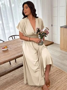 Breezaya 大码女式深V领纯色腰部褶饰性感迷你连衣裙