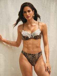 Anewsta Conjunto de bikini elegante y exquisito con estampado de leopardo, copas acolchadas y encaje, 25SS