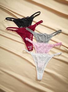 Charlaine 5pcs Pack Women Low-Waist French Lace G-String Panties, Random Heart Pattern