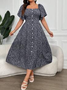 Calvaya Plus Size Women's Ditsy Floral Print Square Collar Buttoned Dress Maxi Women Outfit