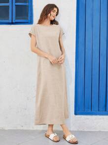 SHEIN LUNE Women's Simple Solid Color Round Neck Short Sleeve Dress, Summer Summer Dresses For Women,Shirt Dresses For Women - Khaki - View 5