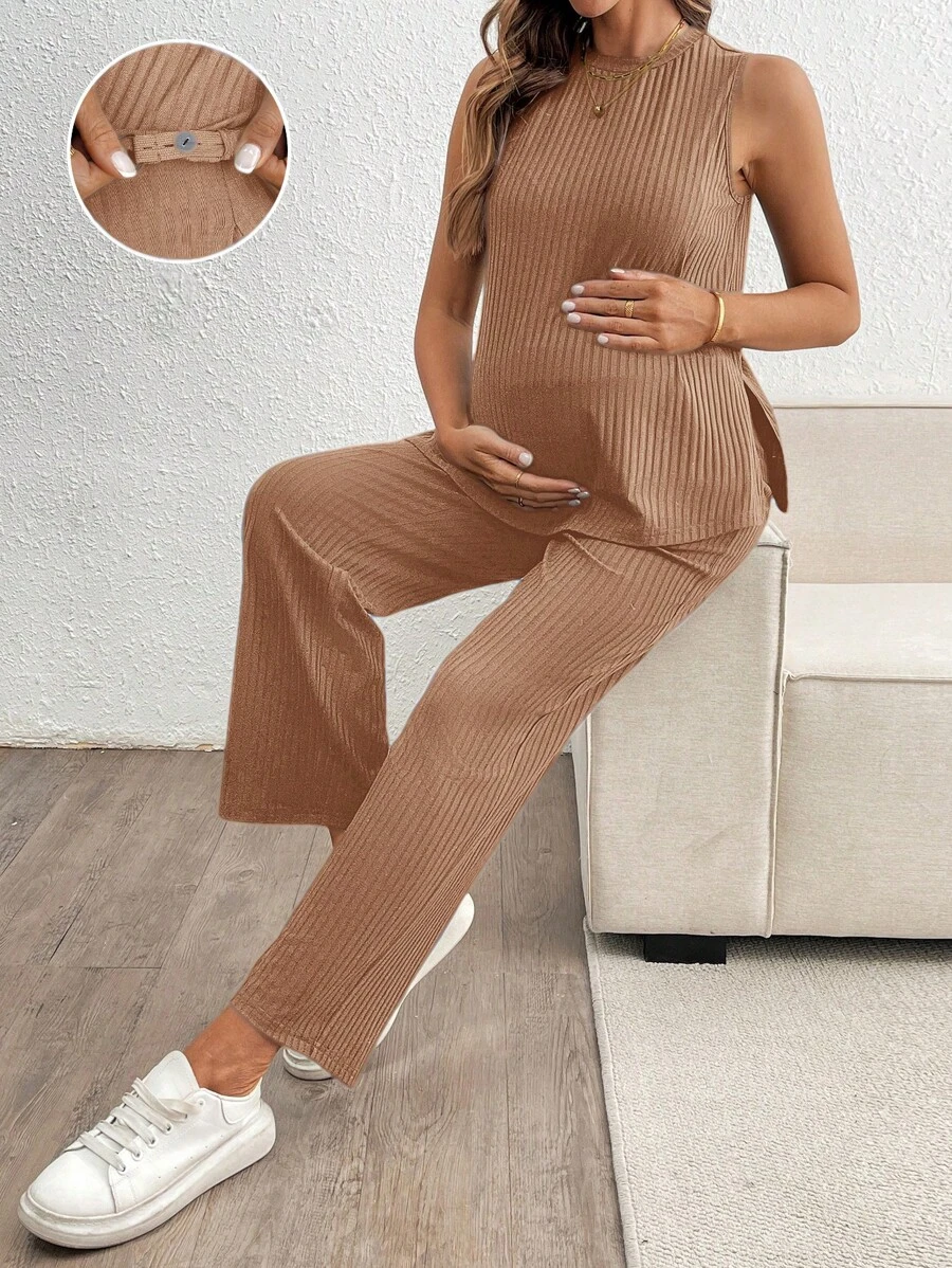 SHEIN Maternity Solid Rib-Knit Split Hem Tank Top & Pants Two Pieces Suits - Khaki - View 1