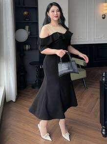 Dazy Plus Elegantes langes Meerjungfrauenkleid mit Volants-Kragen für Partys, Hochzeiten und Abschlussbälle in Große Größen - Schwarz - Übersicht 6