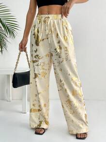 Chiquease Straight Leg Foil Tie Waist Casual Pants, Spring/Summer