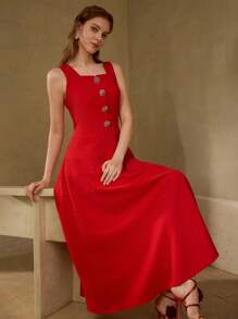 MOTF PREMIUM RHINESTONE FLORAL BUTTON SLEEVELESS DRESS,VALENTINE'S DAY OUTFIT - Red - View 6
