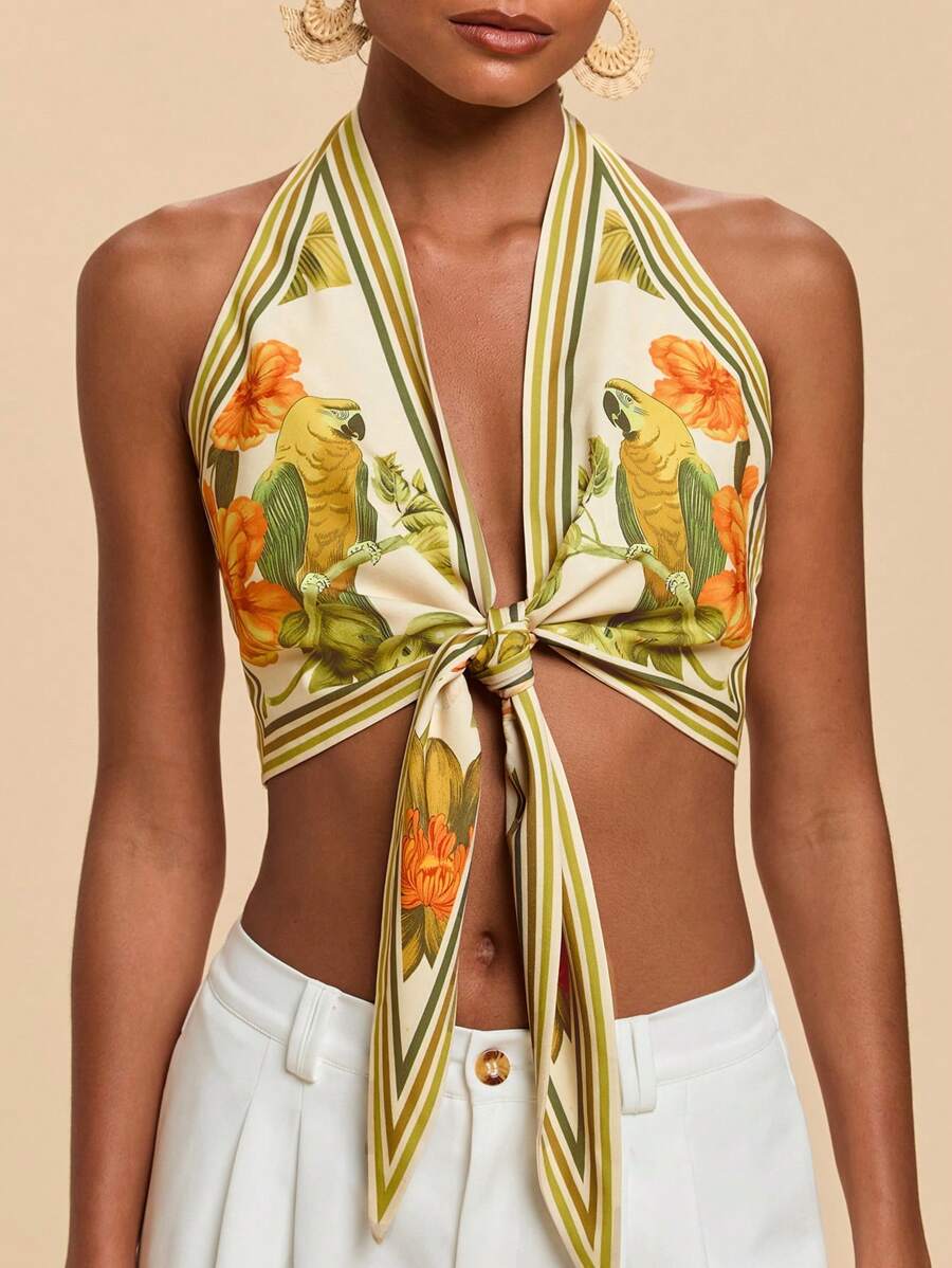 Travachic Women's Summer Vacation Floral Print Knot Front Halter Top, Printed Sleeveless Tops, Vacation Style, Woven Graphic Printed, Casual Summer, Bohemia Beach Vacation, Boho Chic, Country Concert, Holiday Festival, Beach, Graduation, Old Money Style Women, Mother's Day - White - View 1