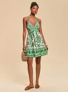 Travachic Woven Print Open Back Mini Dress For Women, Tea Party Dress, Summer Dresses For Women, Graphic Print Summer Outfits For Women, Vacation Outfits Woman, Boho Chic,Beach Outfits For Woman, Casual Woman Flowy Sun Dress , Tropical Outfits Women, Graduation Outfit,  Suitable For Holiday , Afternoon Tea, Wedding Season, Beach Cruise Vacation, City Road Trip Vacation, Boho Vacation, Music Festival , Beachwear, Easter, Beach Outfits For Woman, Elegant Dress For Women, Vacation Outfits Women, Concert Outfit Women, Tropical Vacation Woman Clothes, Holiday Outfits, Bohemian Clothes,For Spring Sunmmer And Autumn - Green - View 3