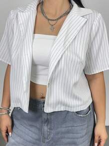 POPSWAY 优雅、度假、夏季、简约时尚百搭纯黑色短袖西装外套 - 黑與白 - 查看 3