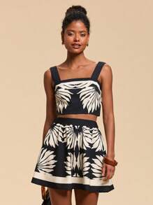 Travachic Women's Boho Two-Piece Outfit: Woven Fabric Crop Top And Mini Skirt Set With Strappy Neckline And Floral Print