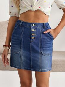 Breezaya Women's Casual Blue Denim Short Skirt With Classic Pockets And Button Detail - Blue - View 3