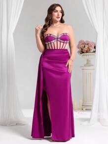 Coutiva Plus Size Sexy Elegant Rhinestone Decor Slit Front Strapless Party Dress,Woman Dress Western Dresses For Women Woman Easter Dress Prom Dresses For Woman Women Formal Gowns Woman Formal Plus